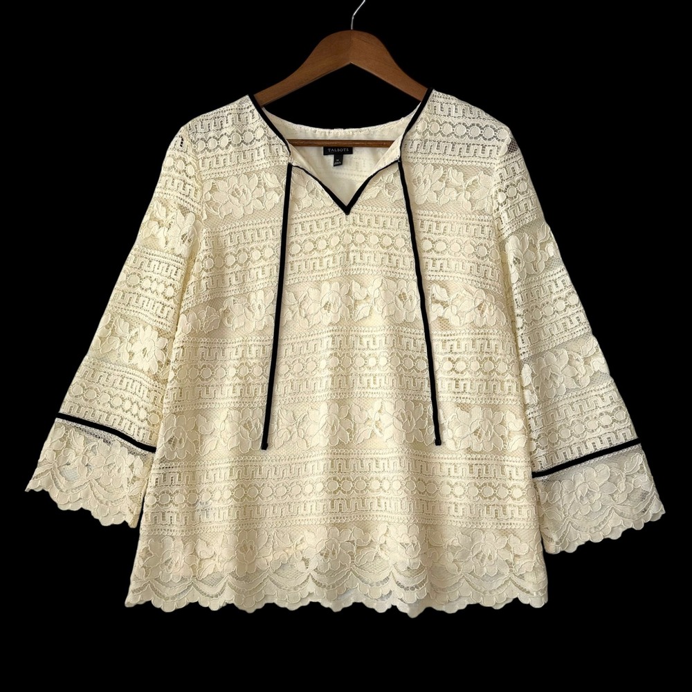 Talbots Embroidered Lace Blouse M Cream Black Velvet Trim Lined Victorian Boho